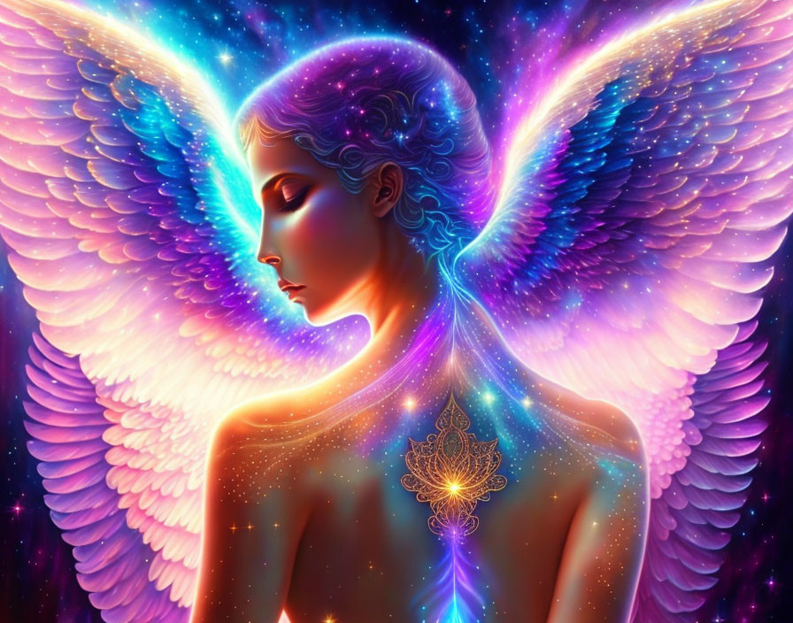 Serene person with celestial wings in cosmic setting