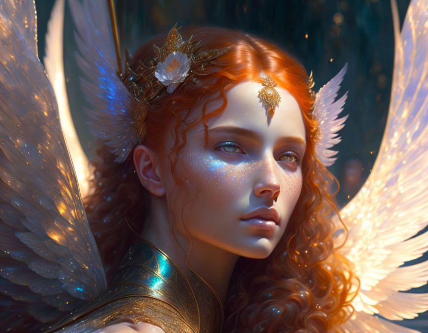 Fantasy digital artwork: Red-haired female figure with ethereal wings and glowing skin