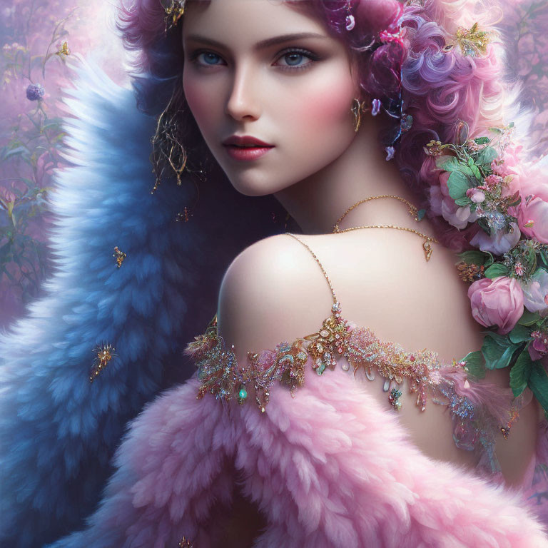 Fantasy portrait of woman with blue eyes, pink and purple flowers, intricate jewelry, blue and pink