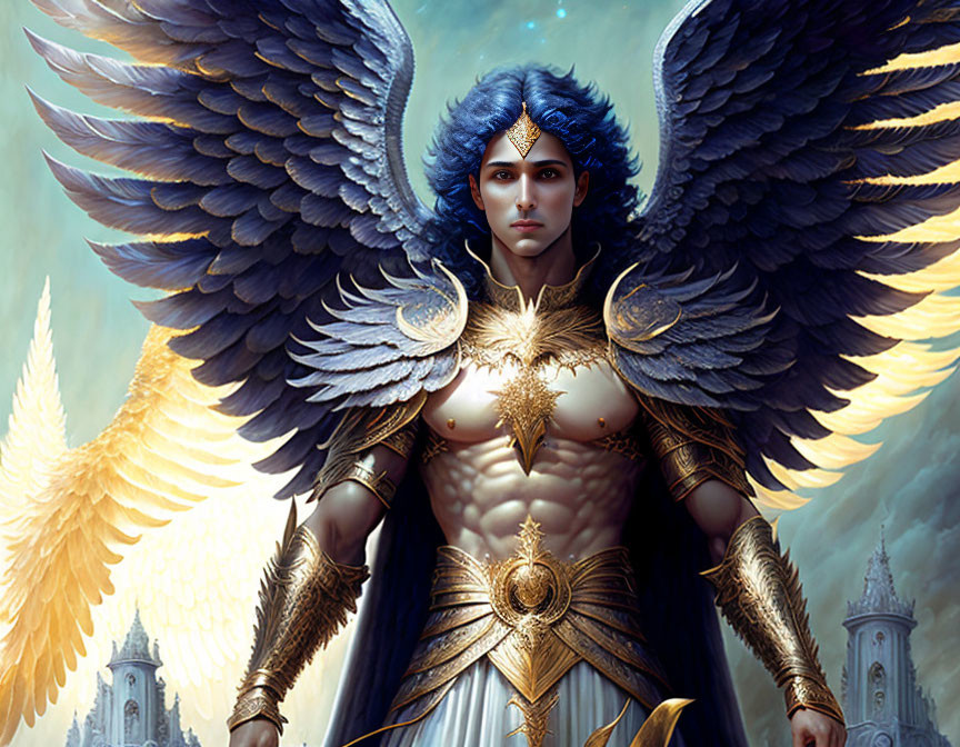 Majestic figure with blue wings and golden armor in front of a fantastical castle.