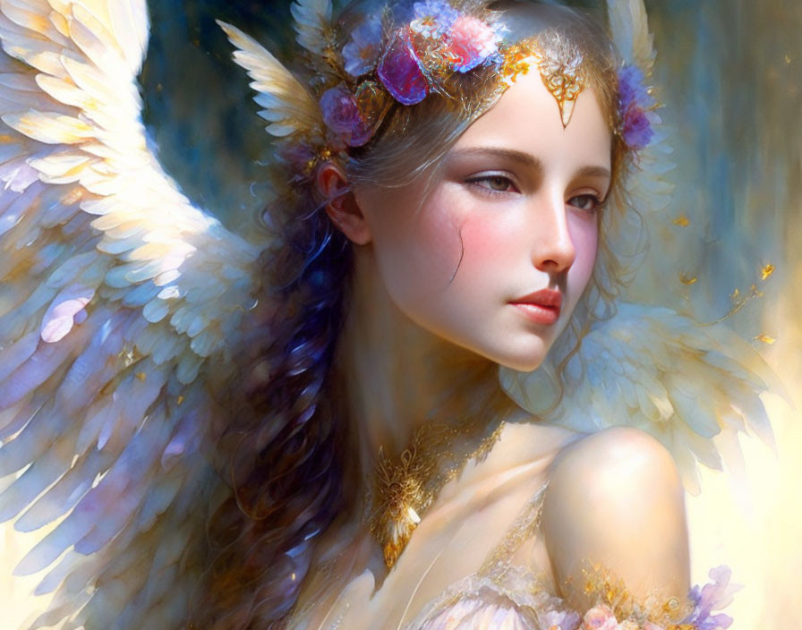 Ethereal being with angelic wings, flowers, and gold jewelry