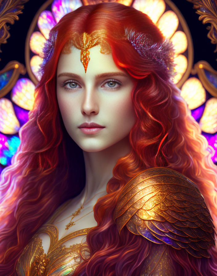 Digital portrait of woman with red hair in golden armor and glowing butterfly wings