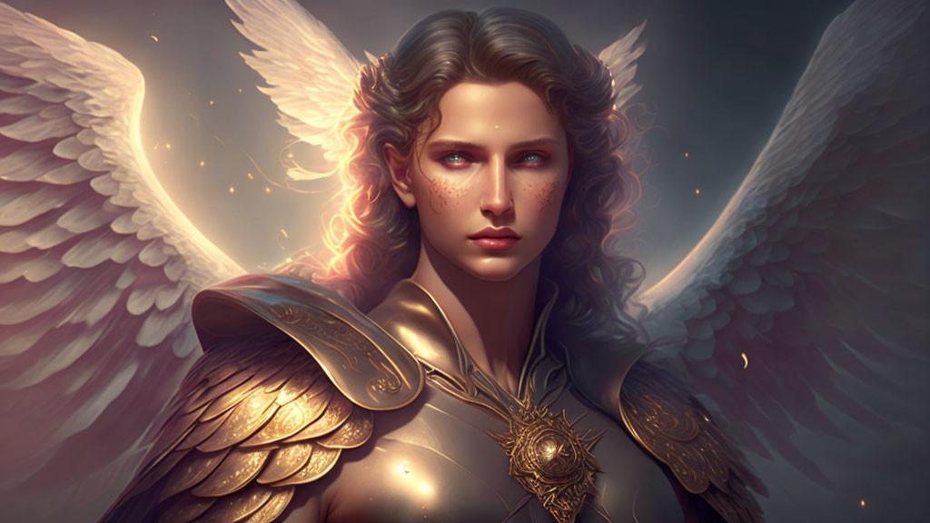 Ethereal figure with luminous wings and golden armor gazes forward