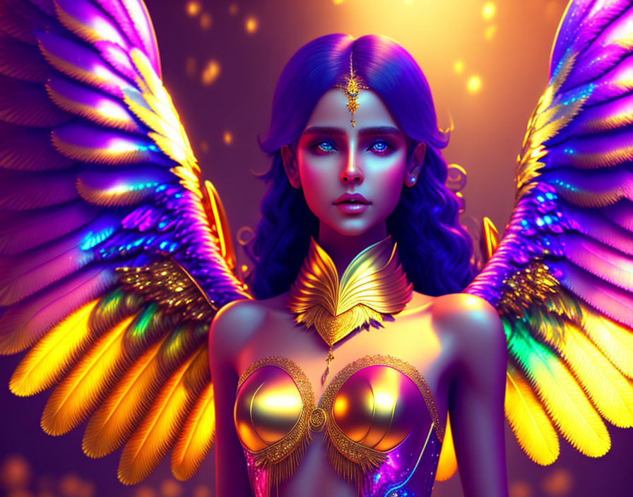 Colorful digital artwork featuring a woman with blue skin and feathered wings