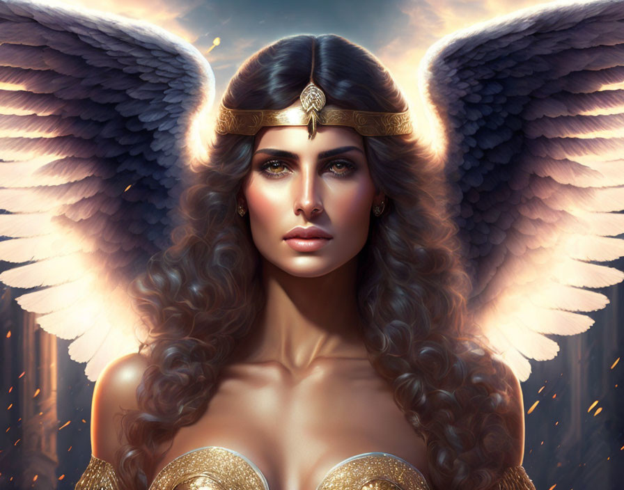 Digital artwork: Woman with angelic wings, golden crown, and armor in ethereal setting