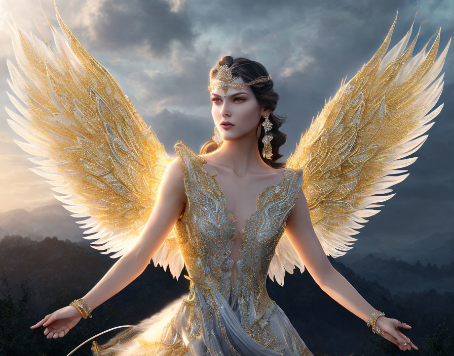 Golden-winged figure in ornate dress against moody sky