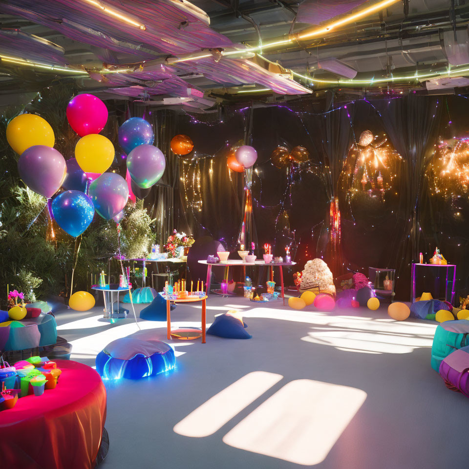 Colorful Balloons, Festive Lights, Cakes, and Greenery in Party Room