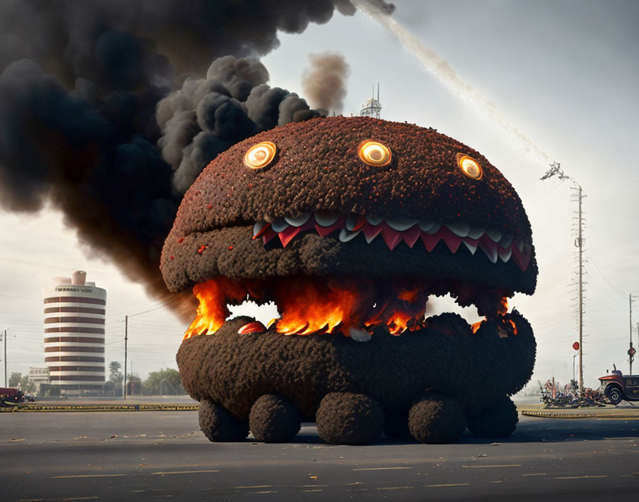 Giant chocolate cookie monster spews fire in cityscape rampage