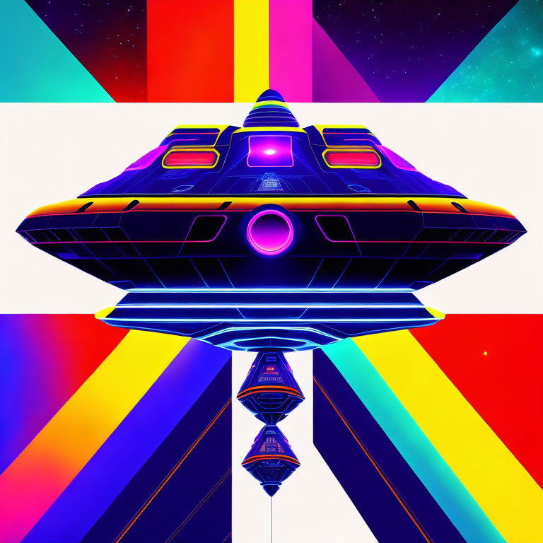 Futuristic spaceship digital artwork with neon lines & rainbow rays