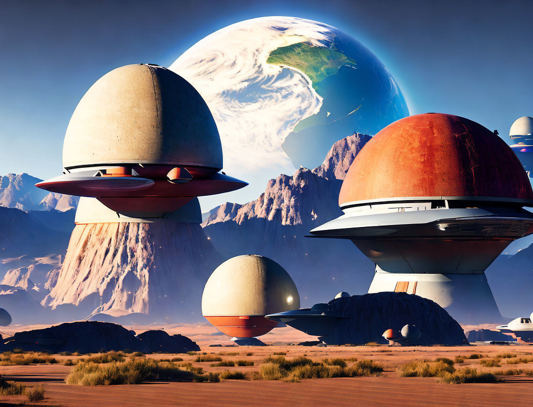 Futuristic mushroom-shaped buildings on desert planet with Earth-like planet in sky