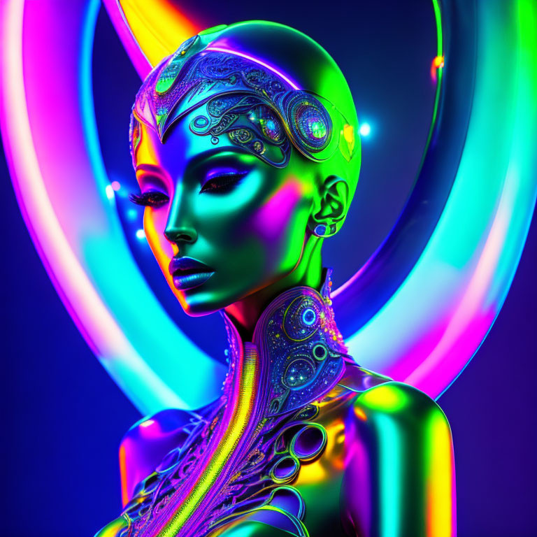 Colorful 3D illustration of futuristic female figure in neon light loop