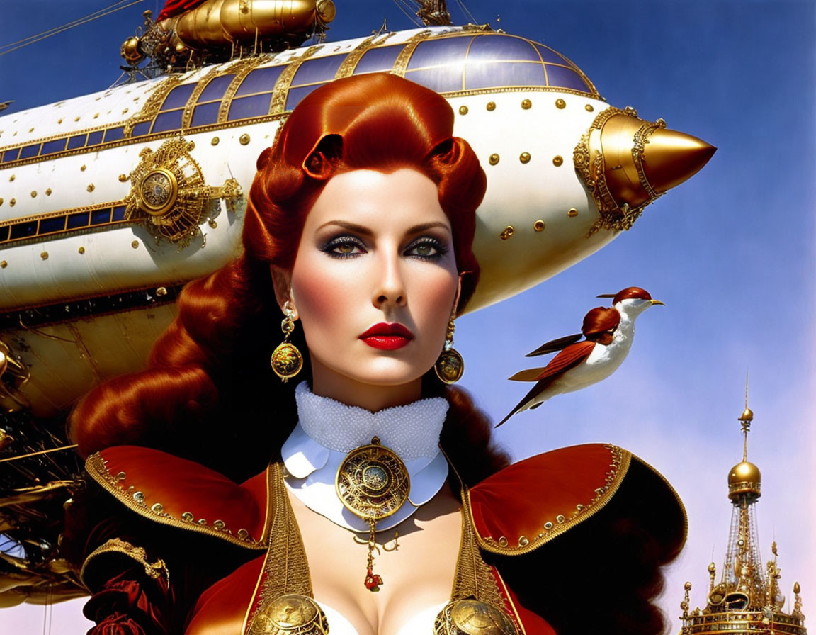 Fantastical portrait of woman with red hair and airship in background