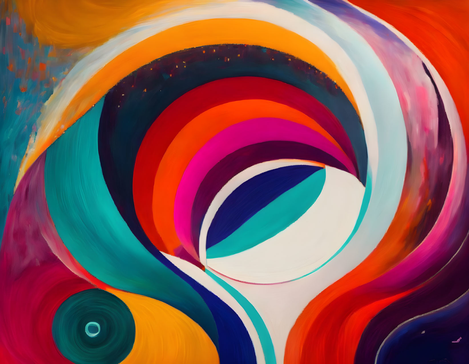 Colorful Abstract Painting with Swirling Forms in Red, Orange, Blue, Purple Hues