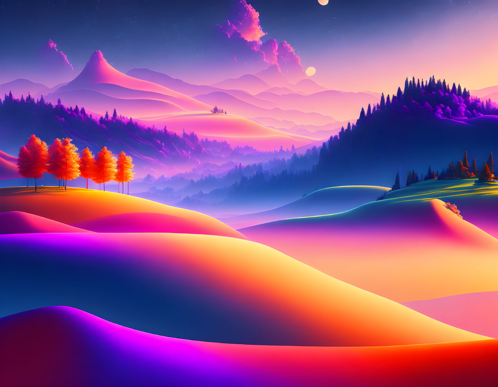 Neon-colored digital landscape with purple sky and two moons