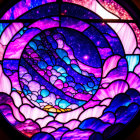 Colorful cosmic spiral stained glass window with stars on dark sky background