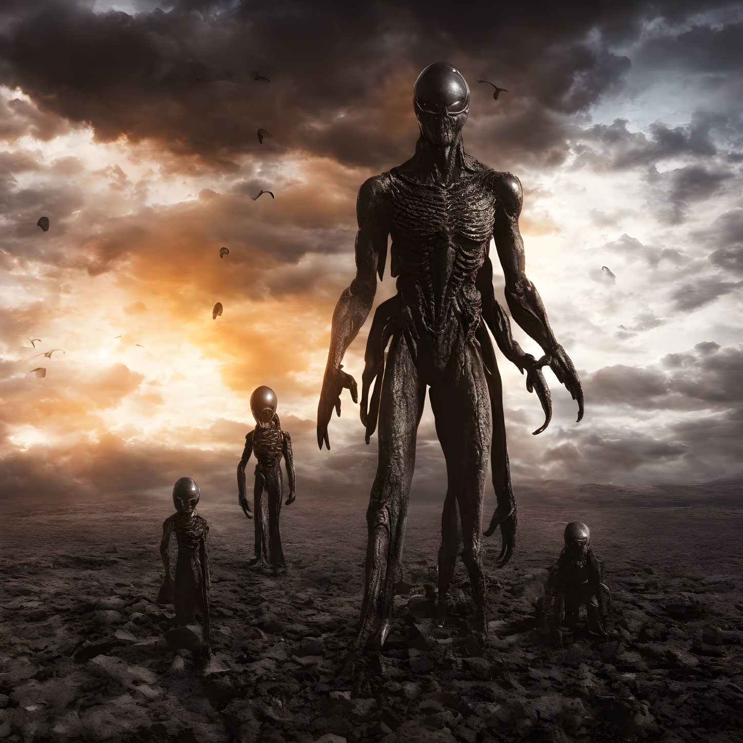 Post-apocalyptic landscape with giant alien figures under ominous sky
