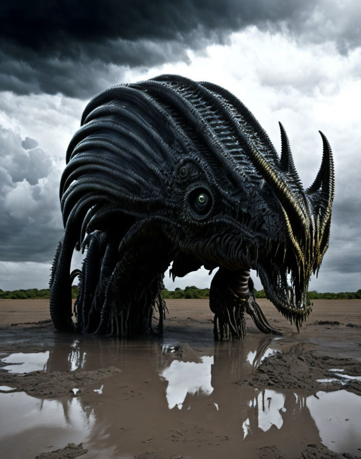 Spiky tentacled creature under stormy sky reflected in puddle