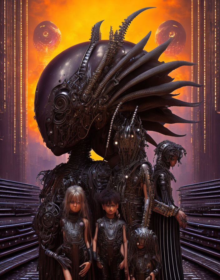 Elaborate biomechanical armor creature with children in dystopian city.