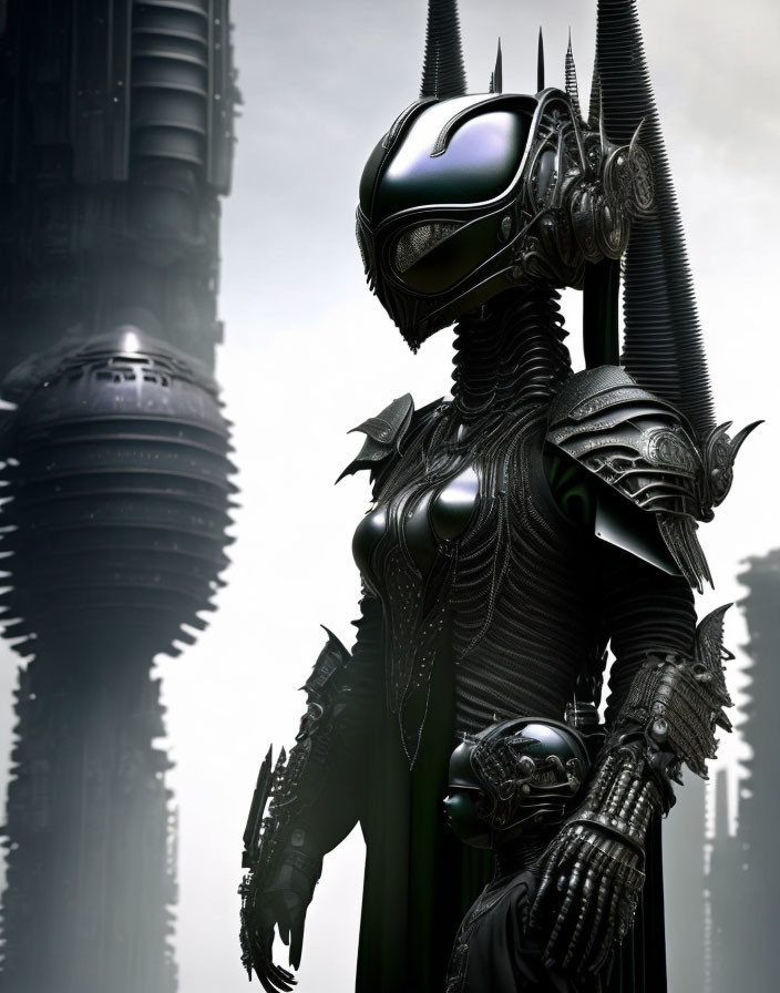 Futuristic knight in black armor before misty spires
