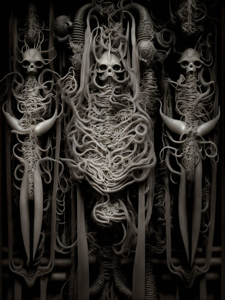 Monochrome digital art of three alien figures with elongated skulls and tentacle-like bodies