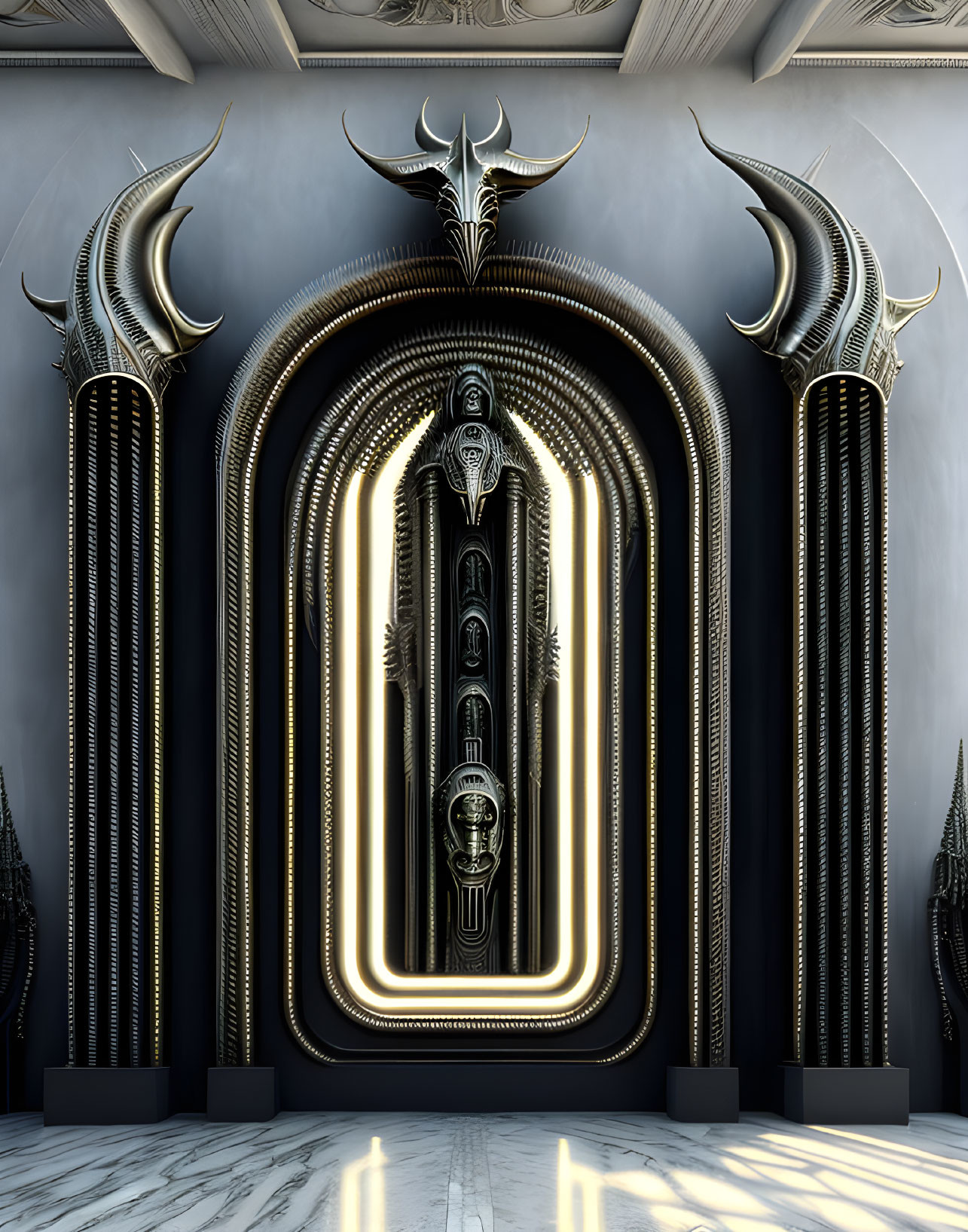 Intricate futuristic door with metallic designs and glowing accents in marble room