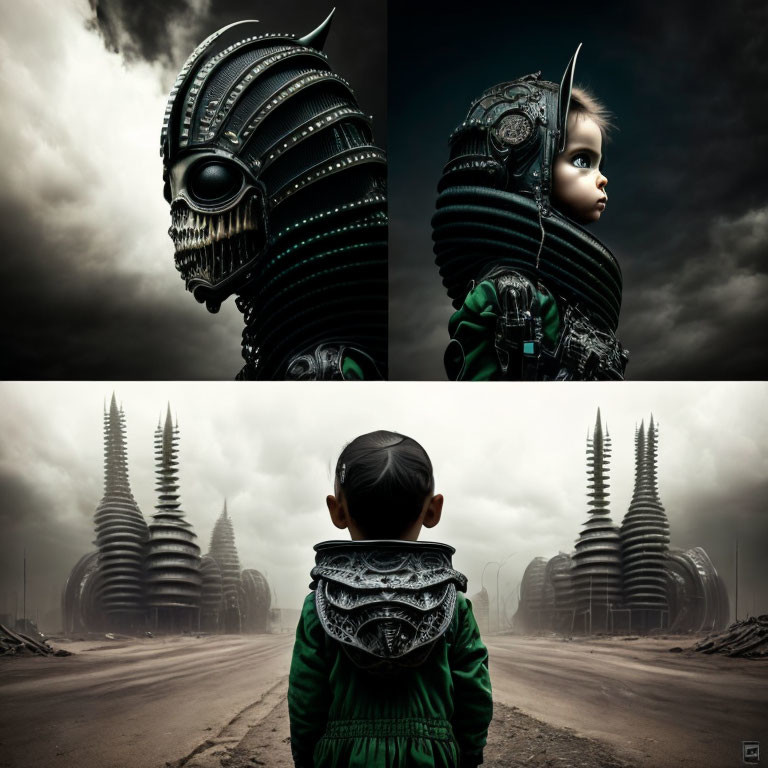Composite Image of Toddler with Futuristic Helmet in Close-Up, Profile, and Standing Before Spired
