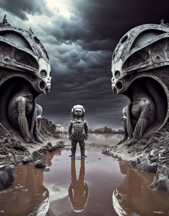 Astronaut between elephant-like sculptures under stormy skies