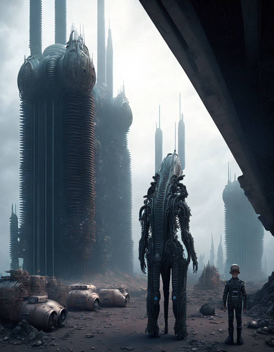 Intricate humanoid figure in dystopian landscape with futuristic buildings