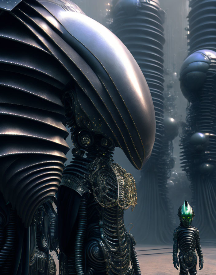 Sci-fi scene: Advanced mechanical beings with glowing green element in futuristic setting