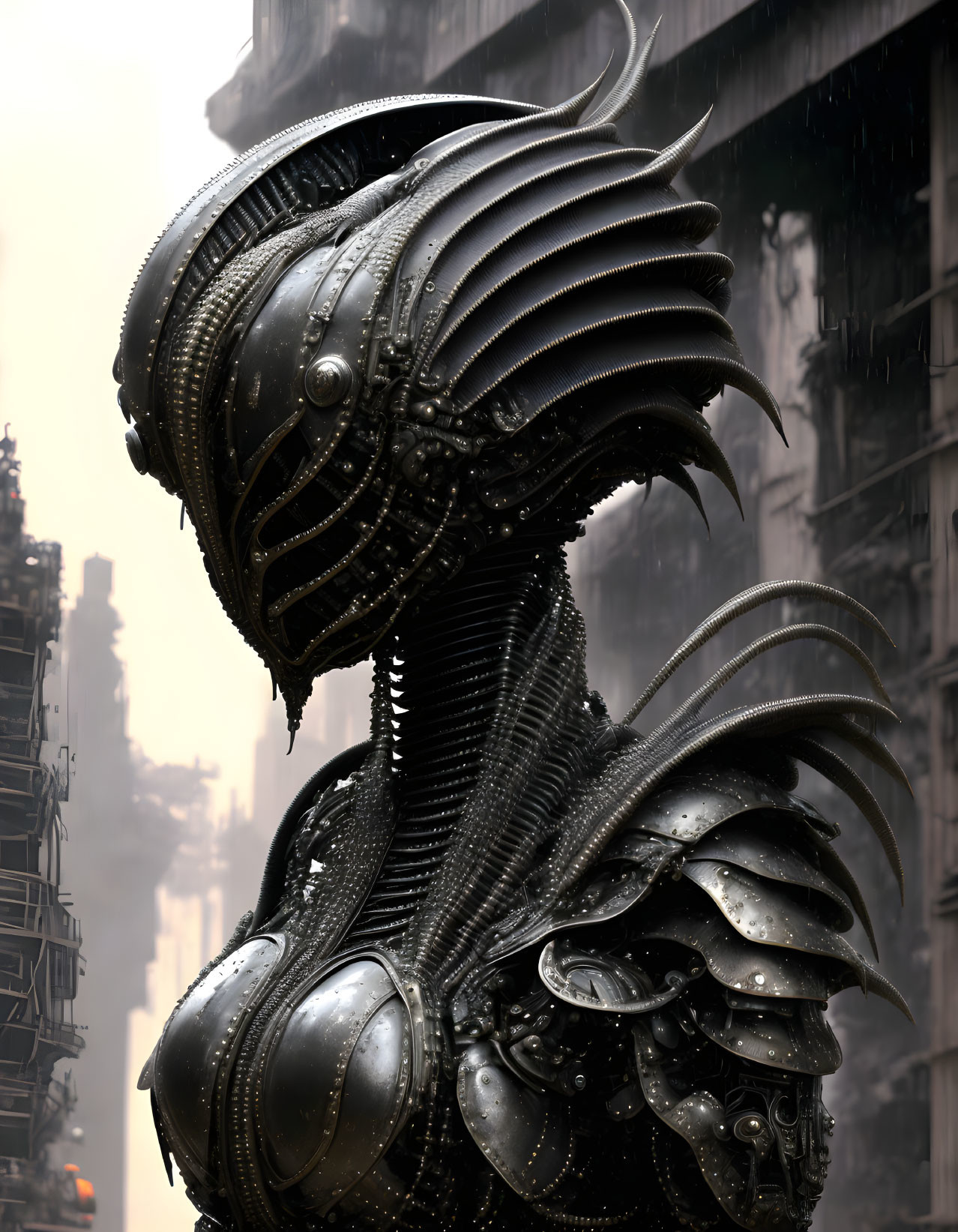 Detailed mechanical alien bust with layered armored plates and hoses on dark industrial background.