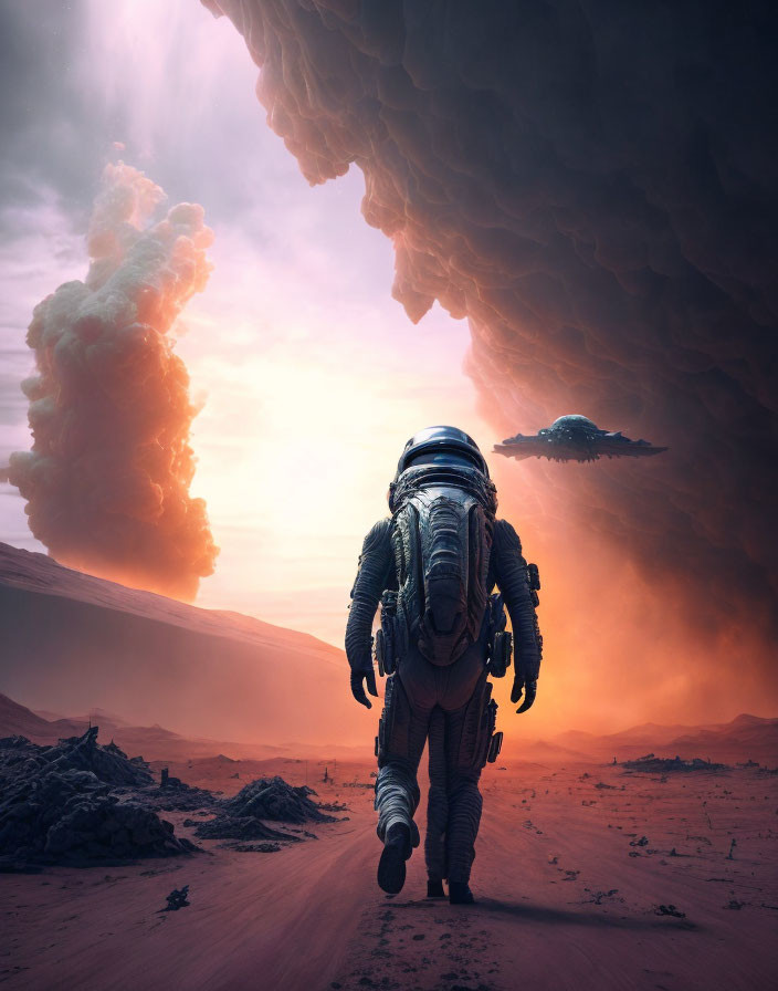 Astronaut on red alien landscape with spaceship and dramatic sky