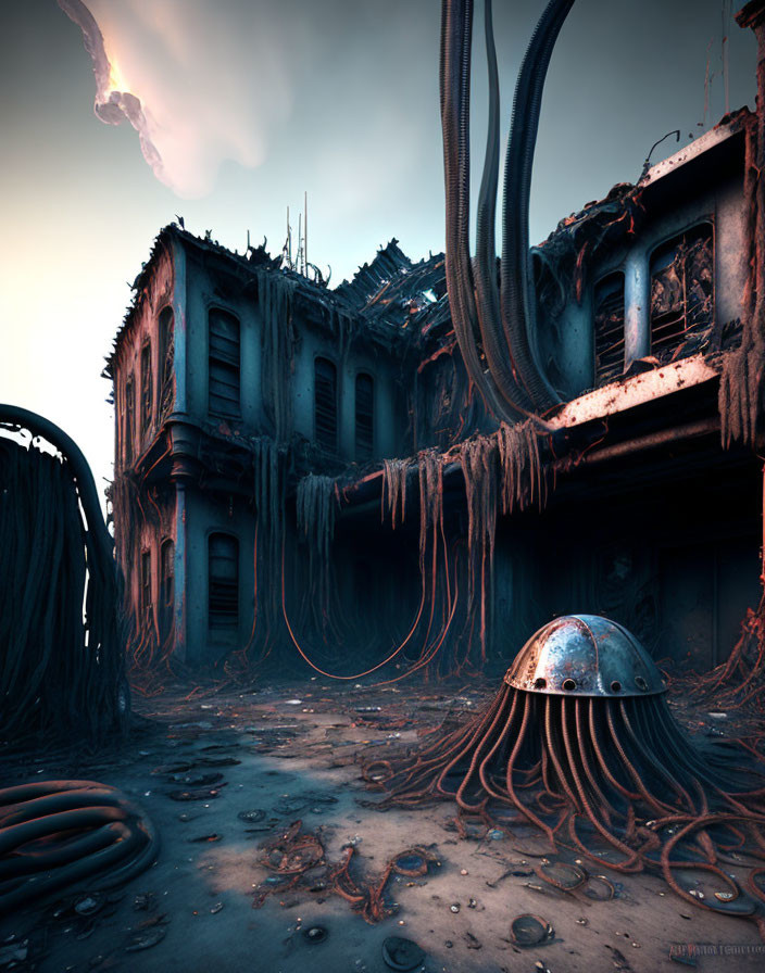 Dystopian scene with dilapidated building and tentacle-like structures