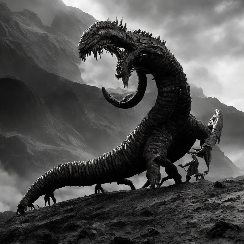 Majestic dragon in dramatic pose against mountain backdrop