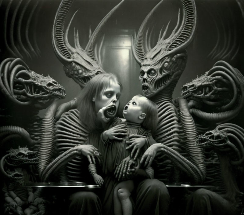 Surreal black-and-white image of person with elongated face and child surrounded by serpent-like creatures