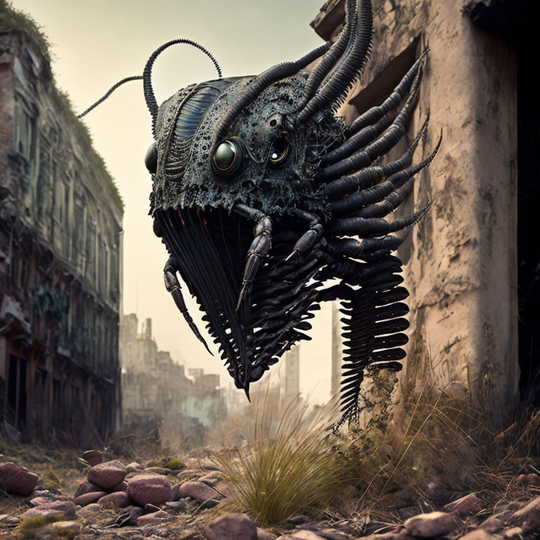 Menacing alien creature with sharp teeth and horns in urban setting