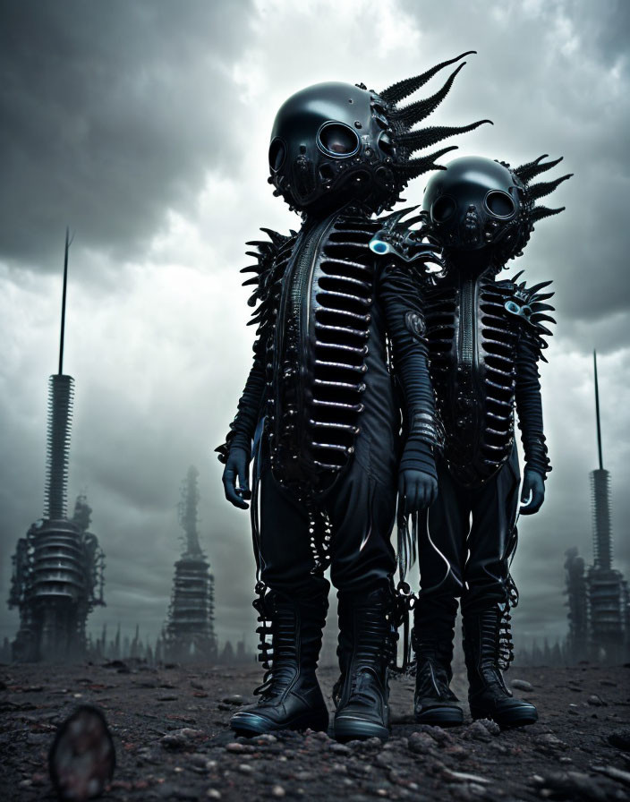 Futuristic armored figures in skull-like helmets on bleak industrial landscape