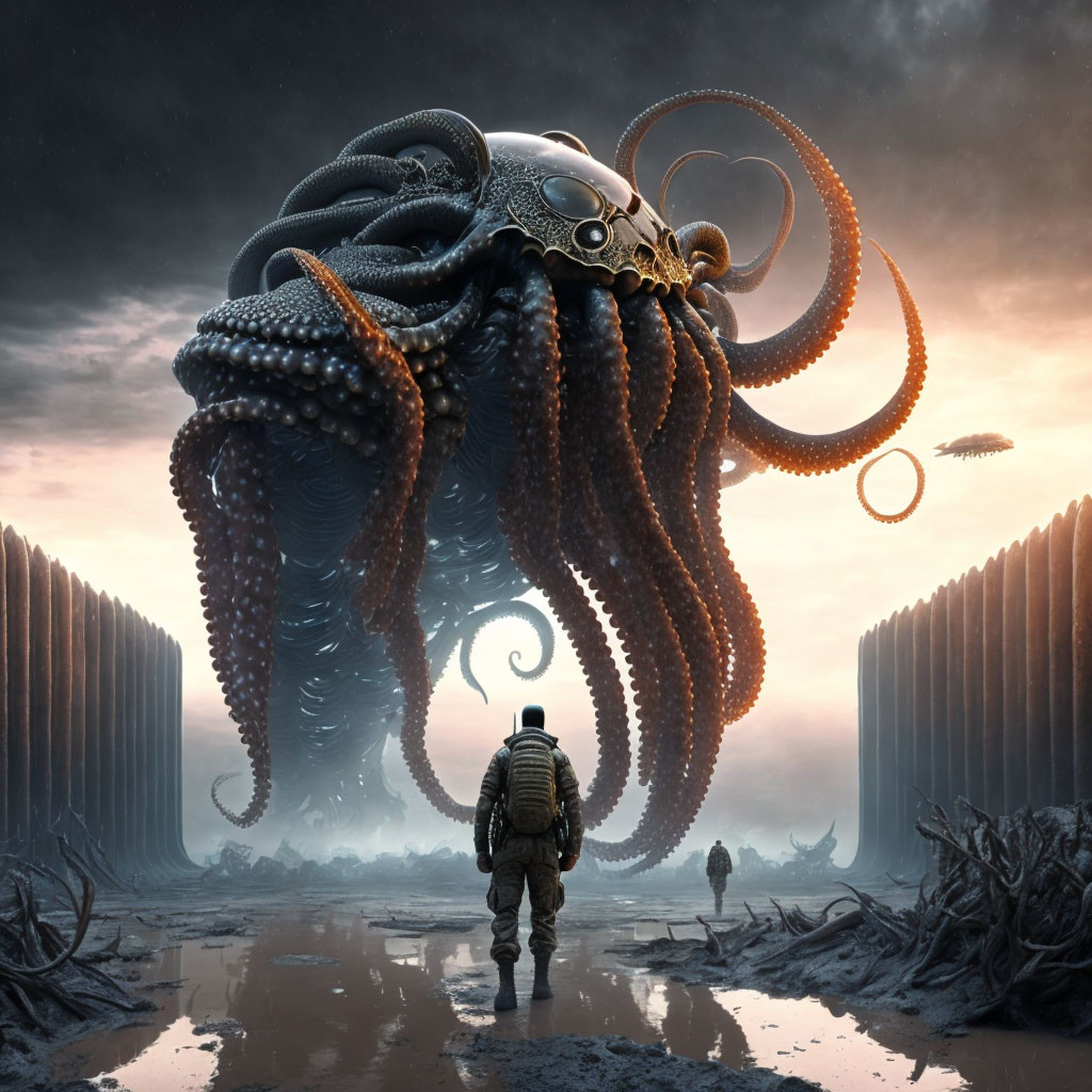 Dystopian landscape with person and mechanical octopus creature