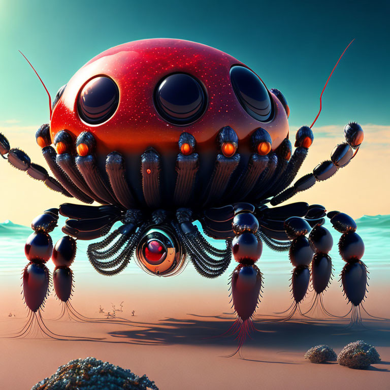 Futuristic mechanical spider on sandy beach at twilight