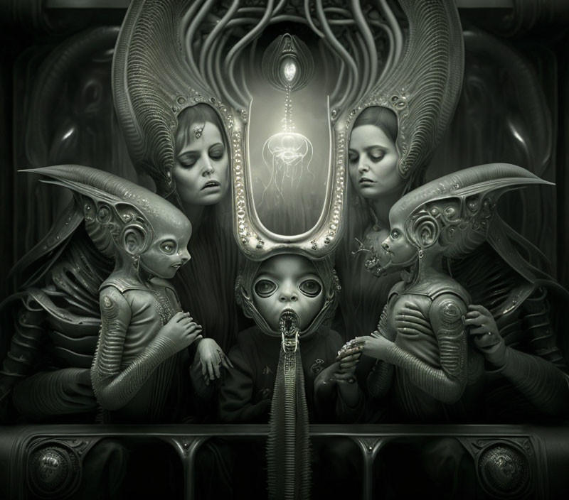 Grayscale fantasy art: Three alien beings with large eyes and intricate headdresses surrounding a glowing jellyfish