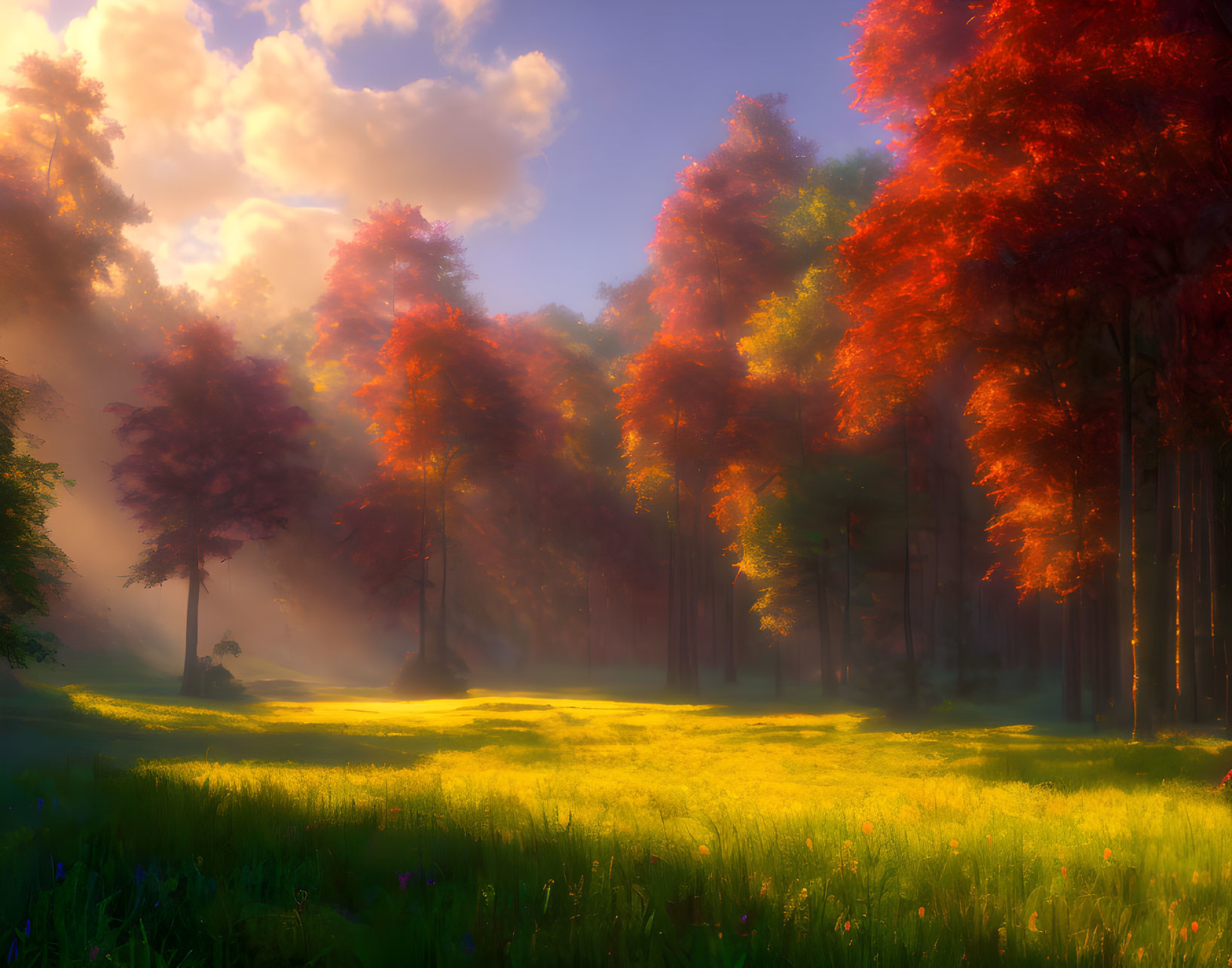 Tranquil forest glade at sunrise with autumn foliage and wildflowers