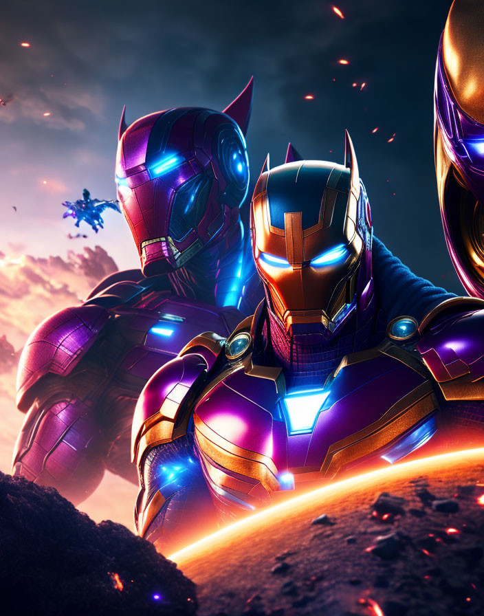 Three armored figures in futuristic suits under dramatic sky with glowing accents.
