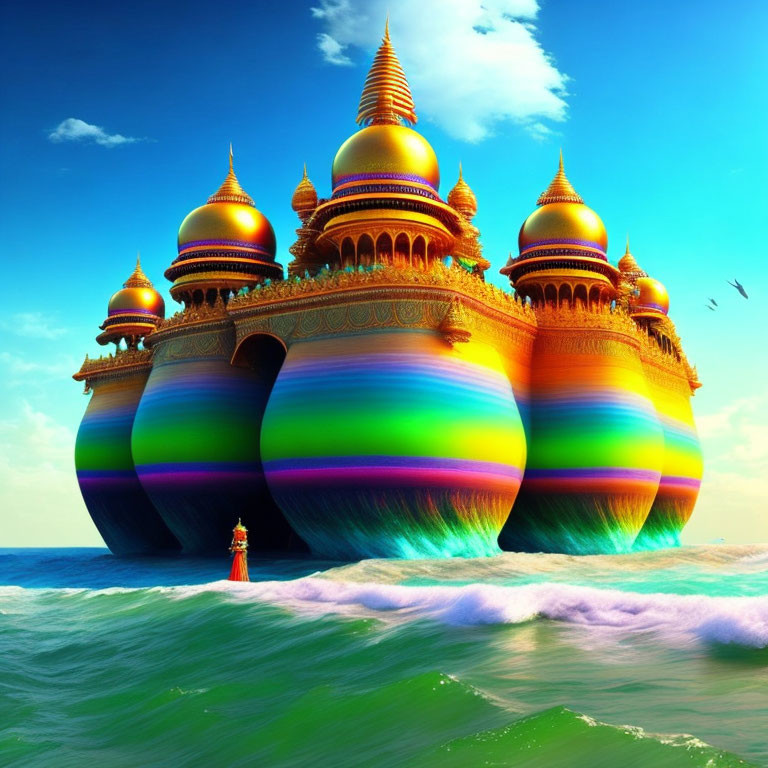 Colorful digital artwork of fantastical ship sailing on vibrant sea