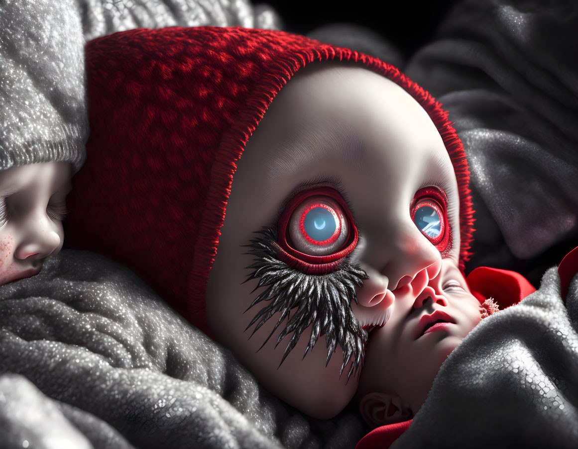Dolls with Red Eyes and Hat on Gray Blanket: Creepy Appearance