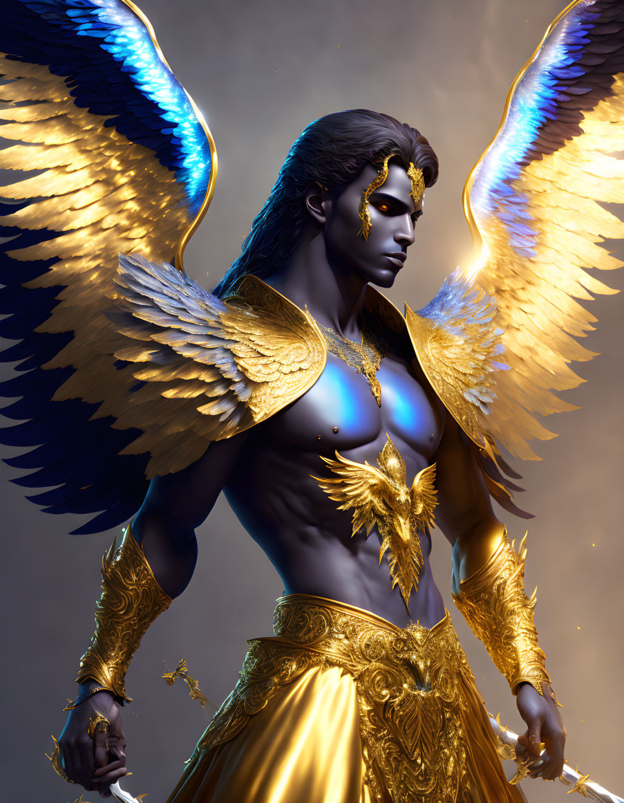 Majestic figure with golden wings and ornate armor in divine aura