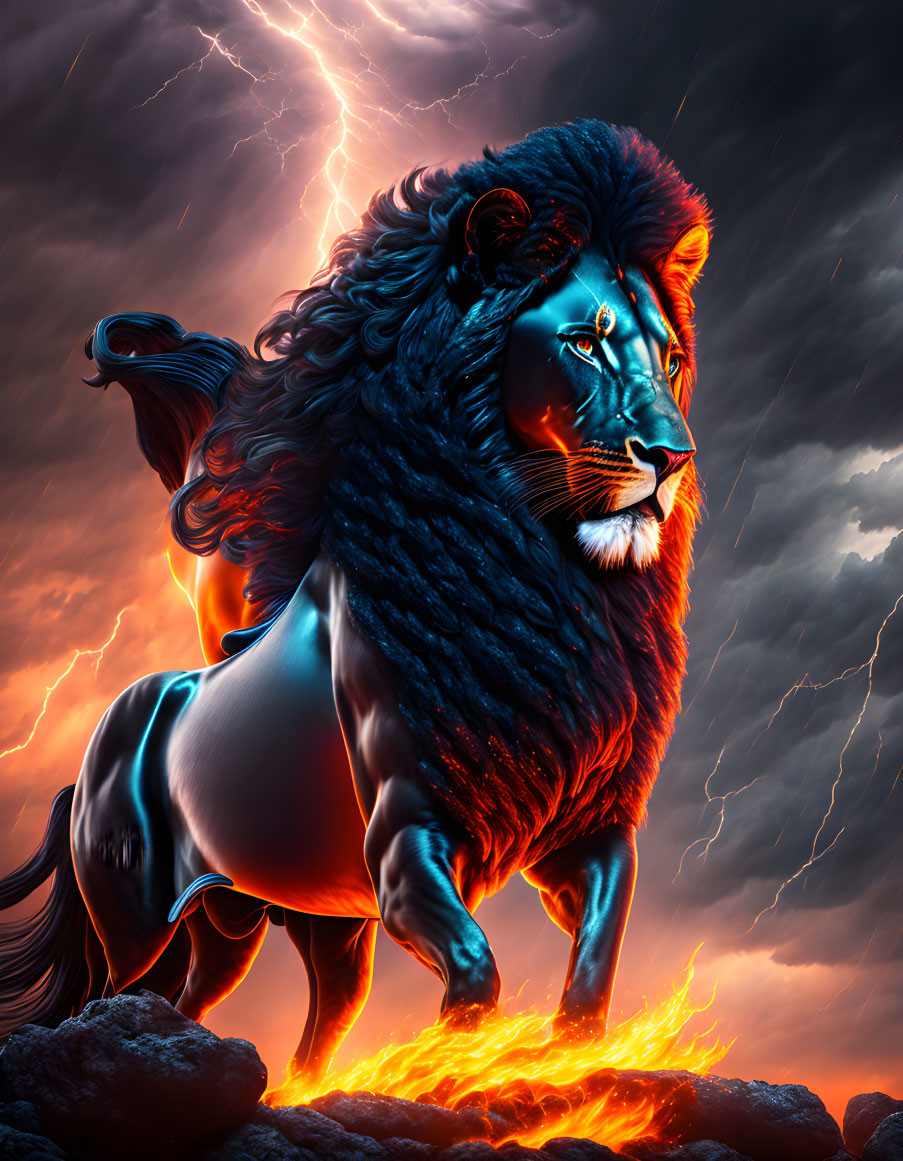 Majestic lion with black mane in fiery storm scene
