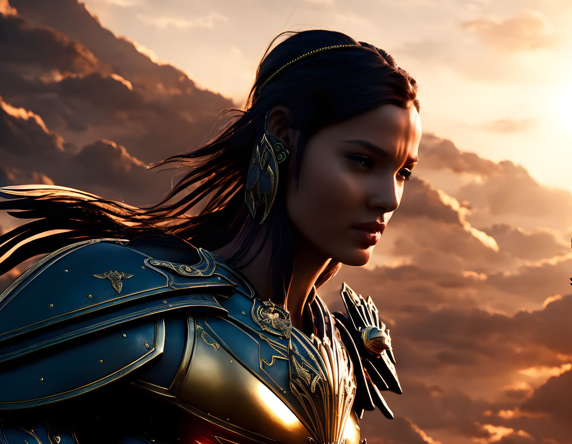 Digital Artwork: Woman in Blue Armor Against Sunset Sky