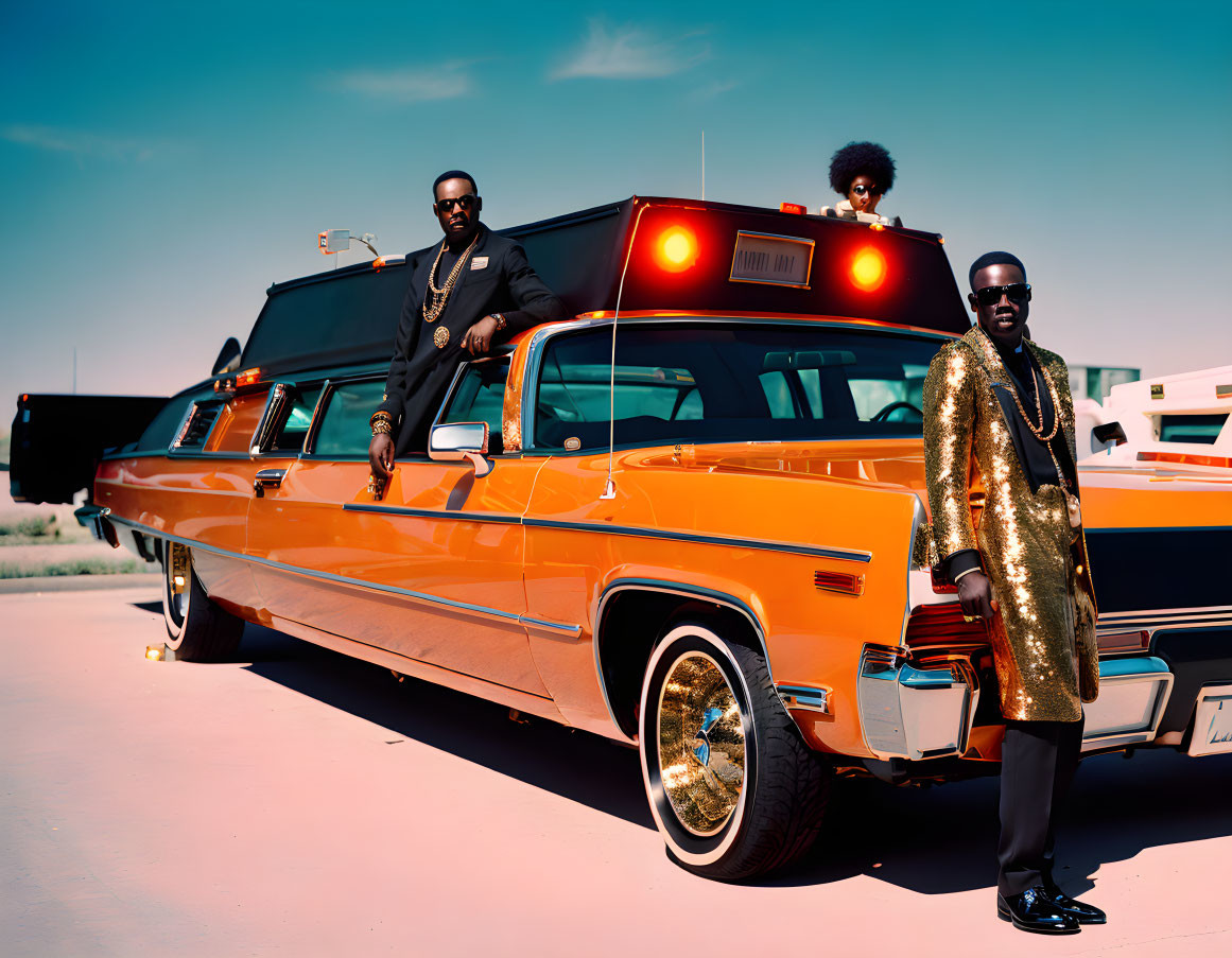Stylish individuals posing on orange classic car with sunglasses
