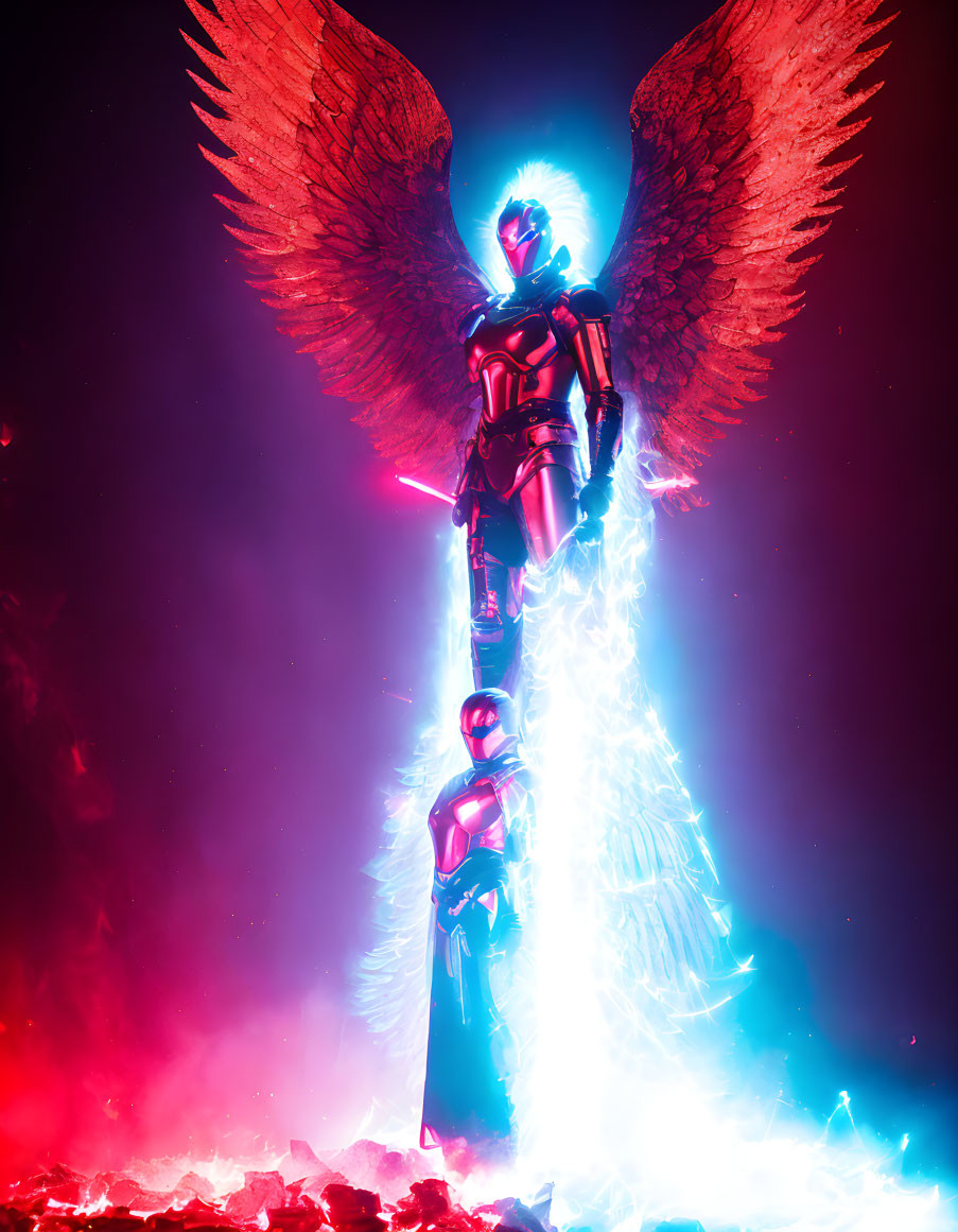 Armored futuristic figure with glowing wings in pinkish-red backdrop
