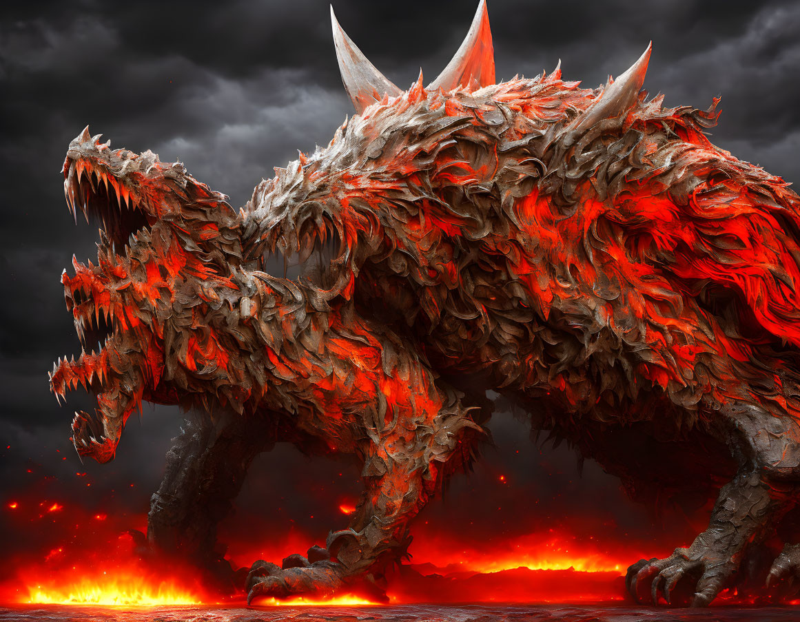 Fiery red and black beast with spikes emerges from molten lava