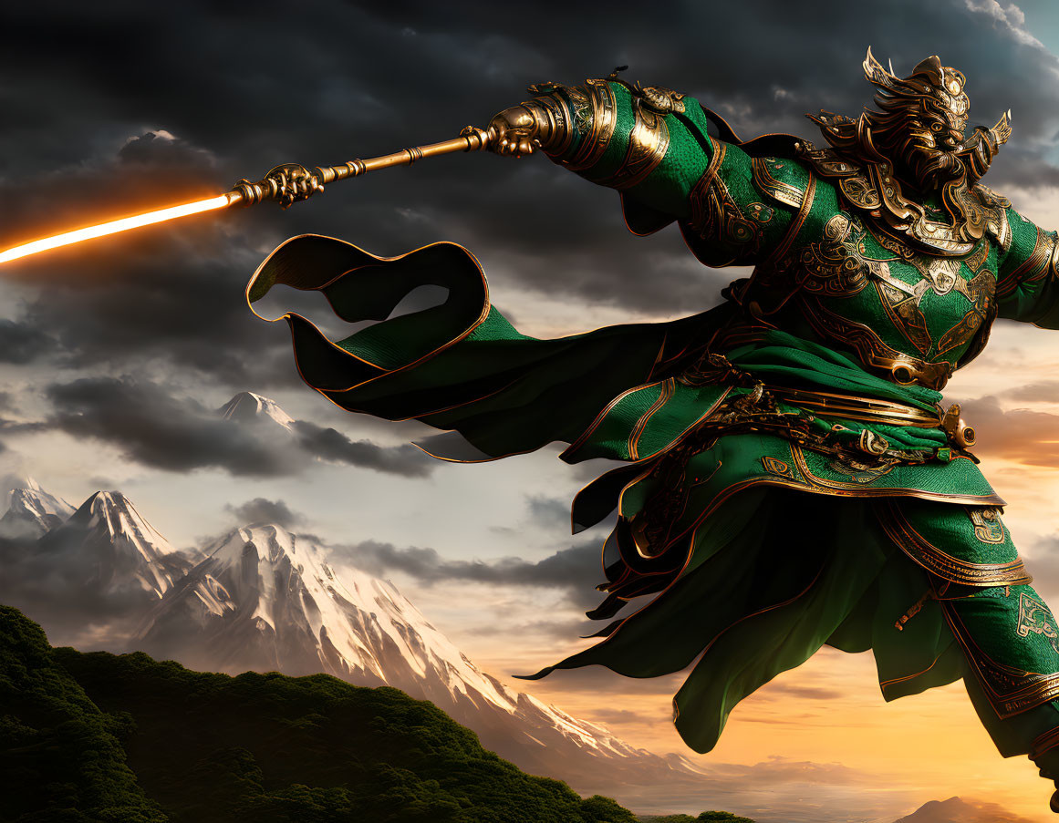 Warrior in green armor wields glowing red blade against mountain backdrop